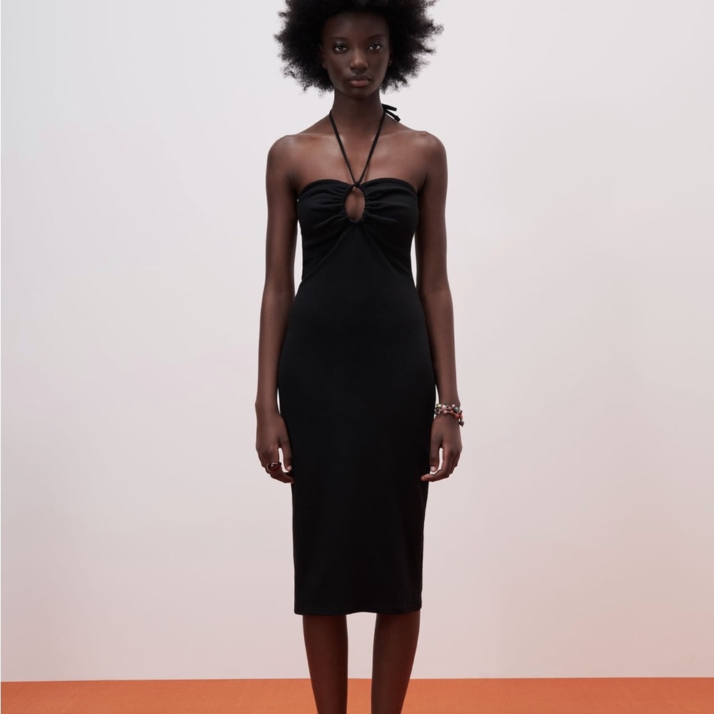 Zara midi keyhole halter knit dress in black